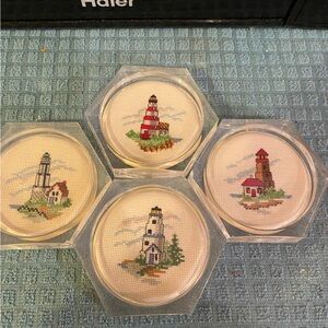 Acrylic COASTERS Set (4) “Lighthouse’s Cross Stitched”Octagon Shape Cork Backing